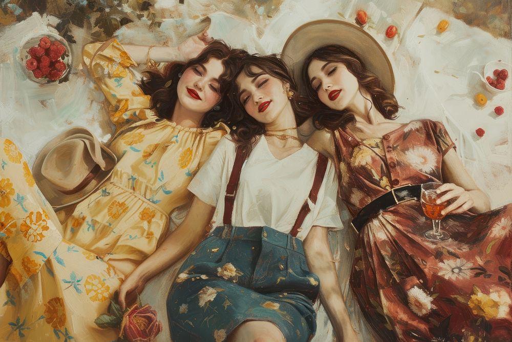 Three happy woman friends on a picnic painting happiness portrait.