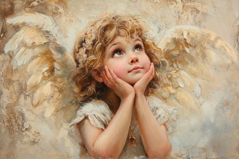 1970 cute little angel wings painting portrait art.