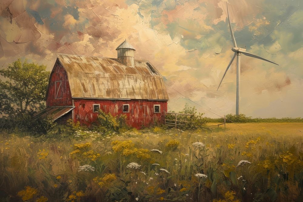 Farm with wind turbine painting architecture countryside.