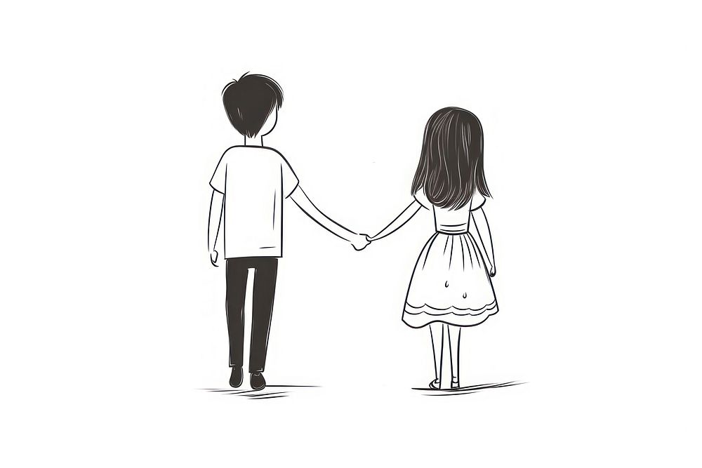 Hand-drawn illustration couple holding hand while walking white line holding hands.