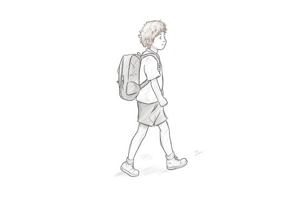 Hand-drawn illustration boy carry backpack footwear drawing sketch.