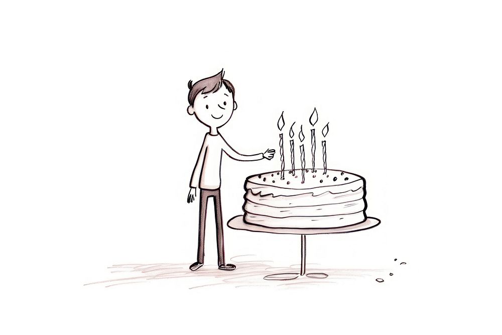 Hand-drawn illustration boy holding birthday cake dessert drawing candle.