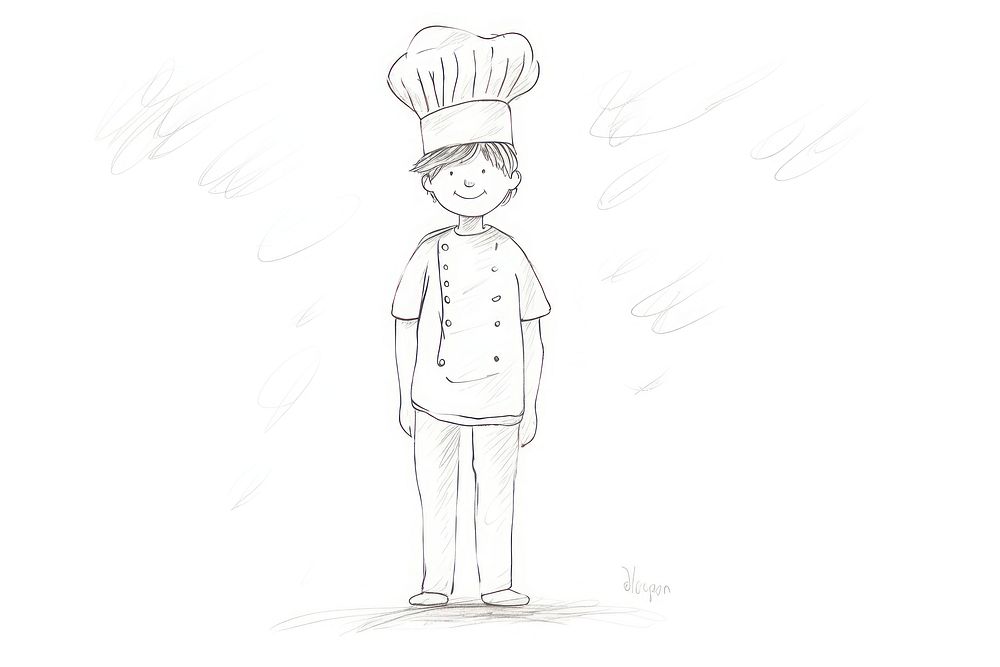 Hand-drawn illustration boy wearing chef hat drawing sketch art.