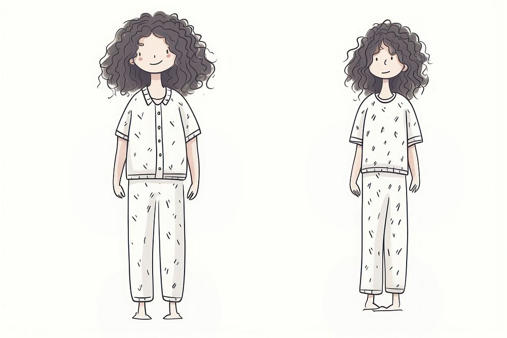 Hand-drawn illustration girl wearing pajamas drawing sketch art.
