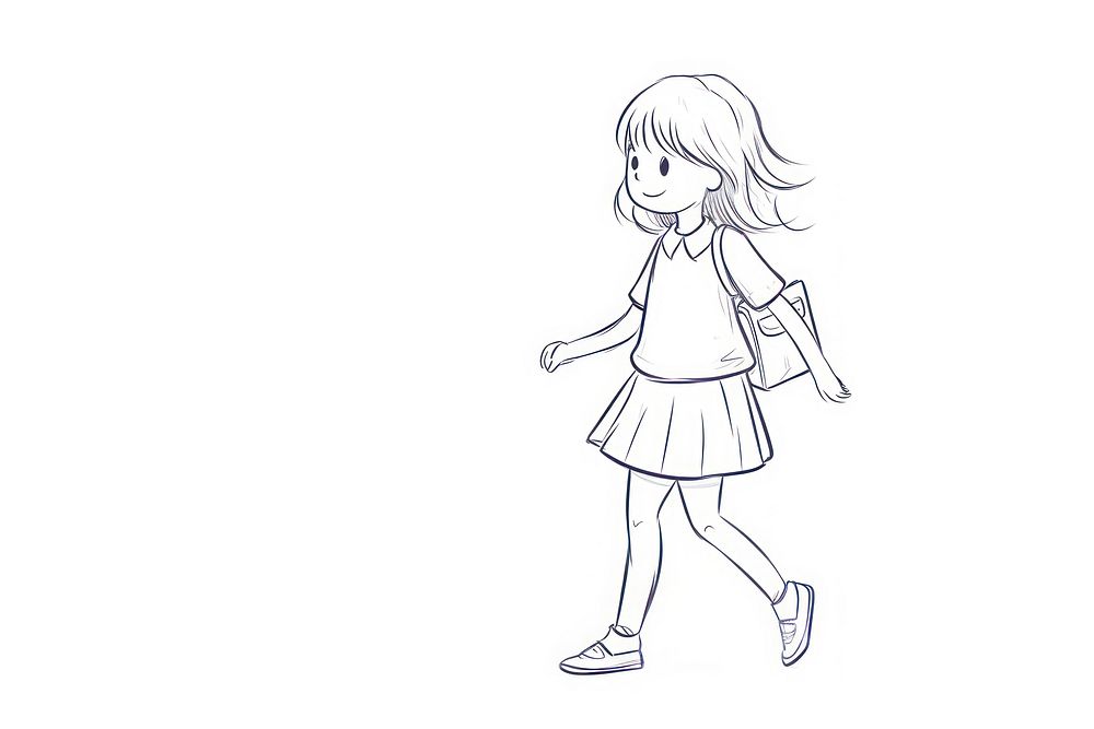 Hand-drawn illustration girl holding backpack walking drawing sketch white.