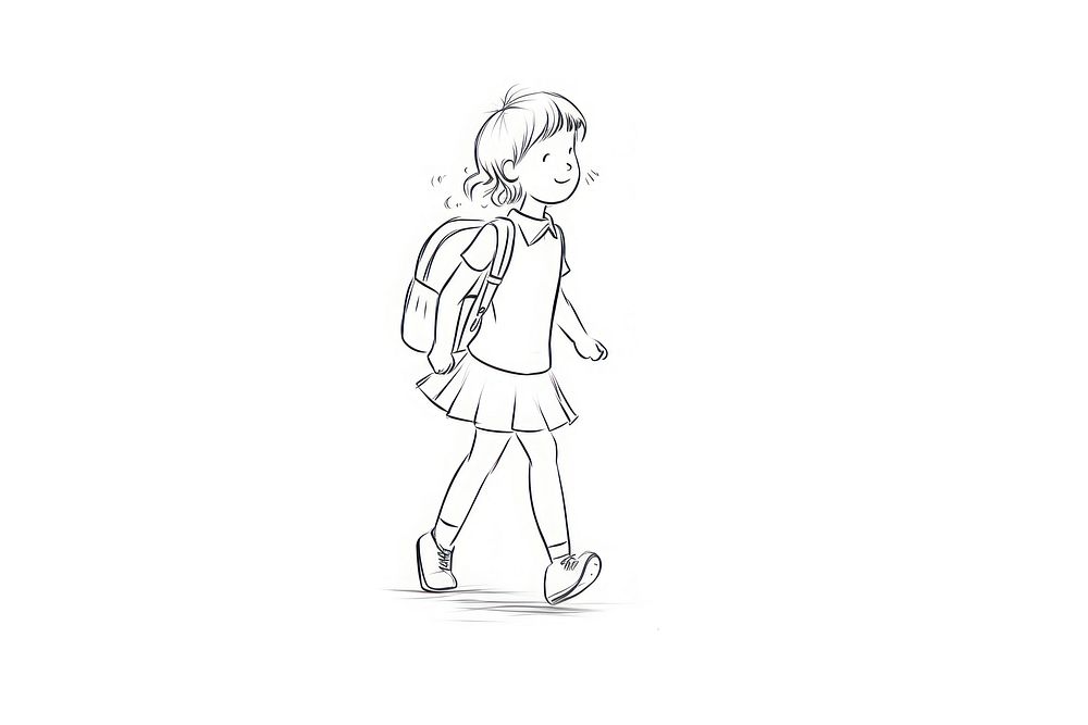 Hand-drawn illustration girl holding backpack walking footwear drawing sketch.