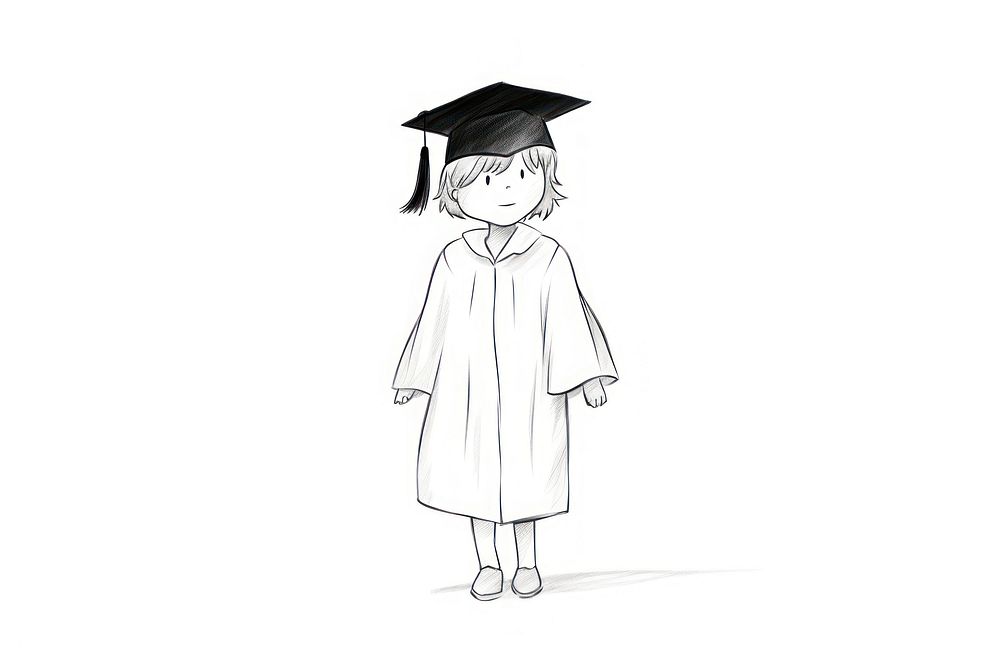 Hand-drawn illustration kid wearing graduation hat drawing sketch white.
