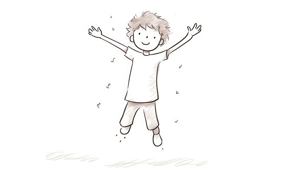 Hand-drawn illustration happy kid jumping drawing sketch cute.