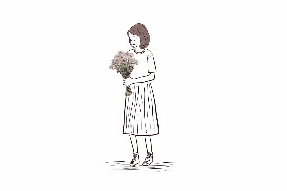 Woman holding flower bouquet drawing sketch art.