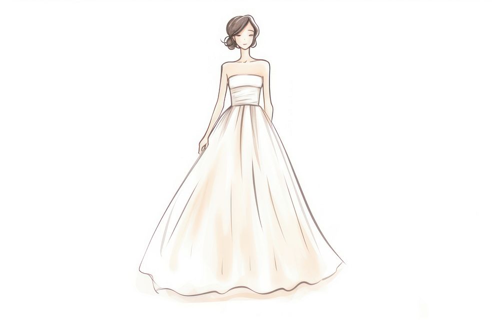 Woman wearing wedding dress fashion drawing sketch.