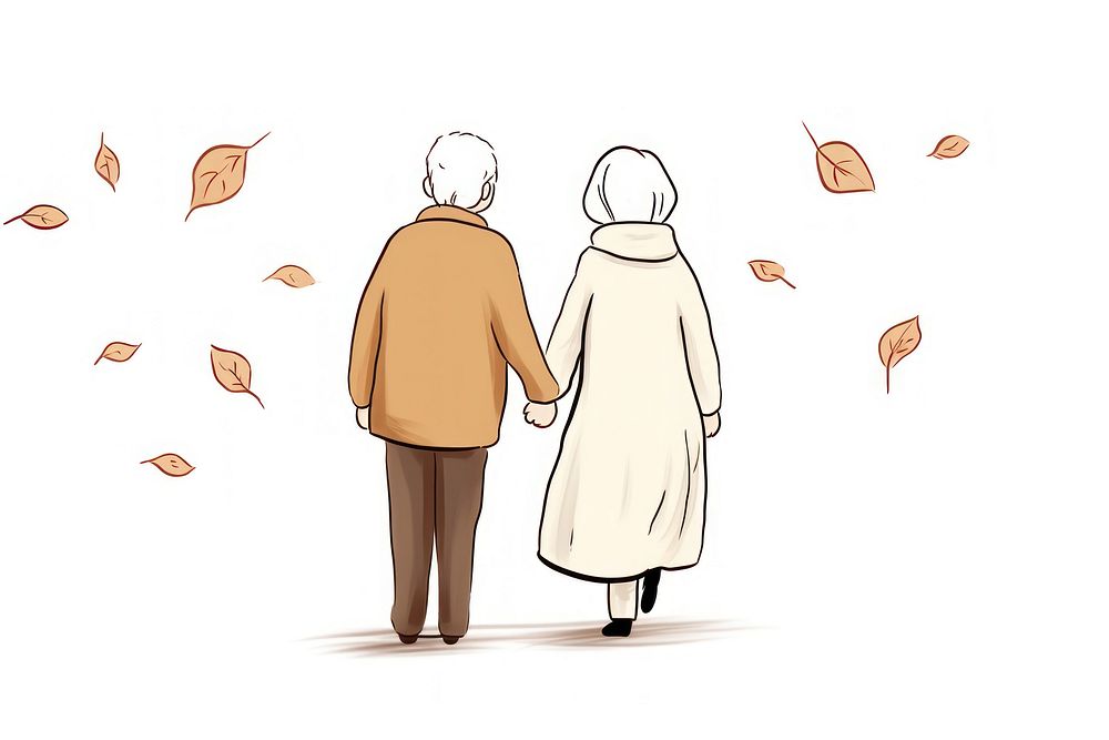 Hand-drawn illustration old couple walking together drawing sketch adult.