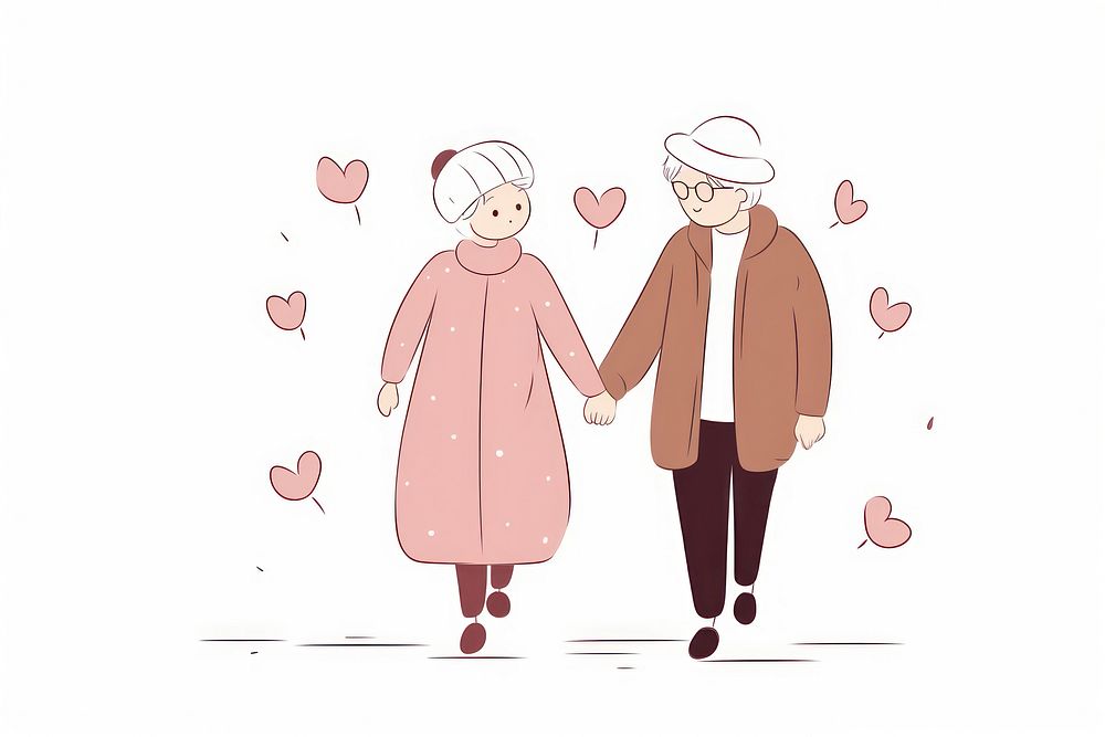 Hand-drawn illustration old couple walking together line togetherness retirement.