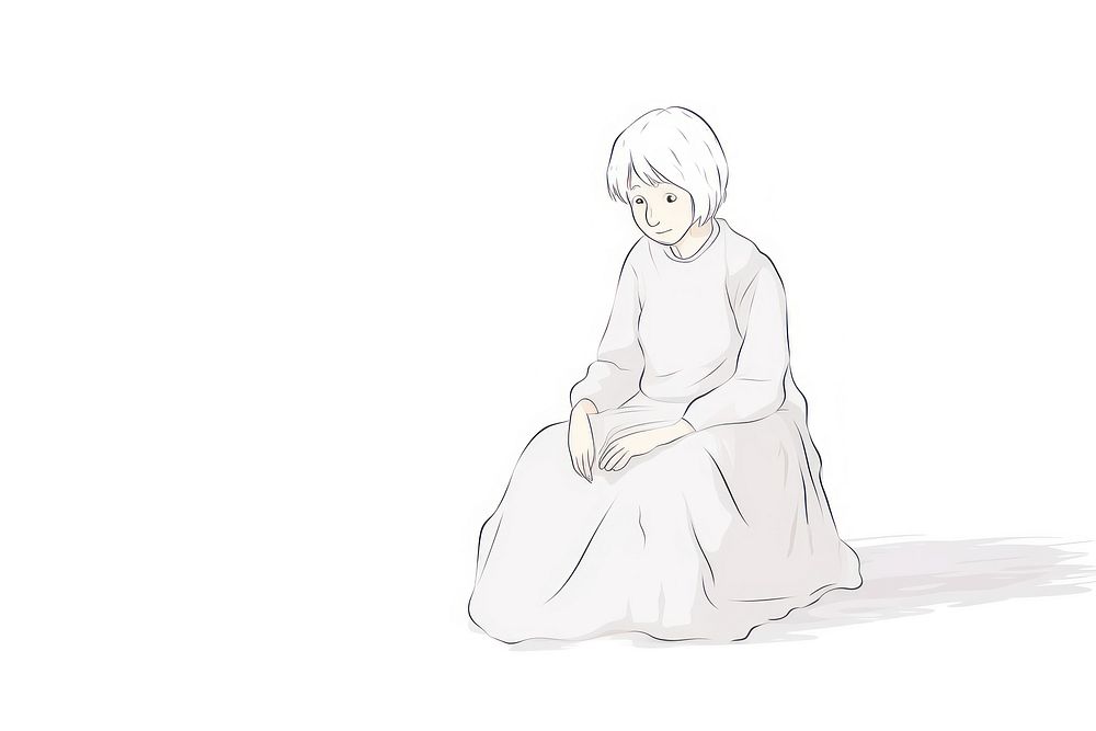 Hand-drawn illustration old woman sitting at floor drawing sketch white.
