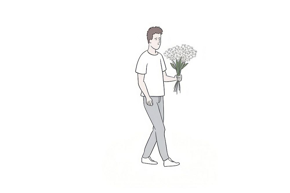 Hand-drawn illustration man holding flowers while walking drawing sketch plant.