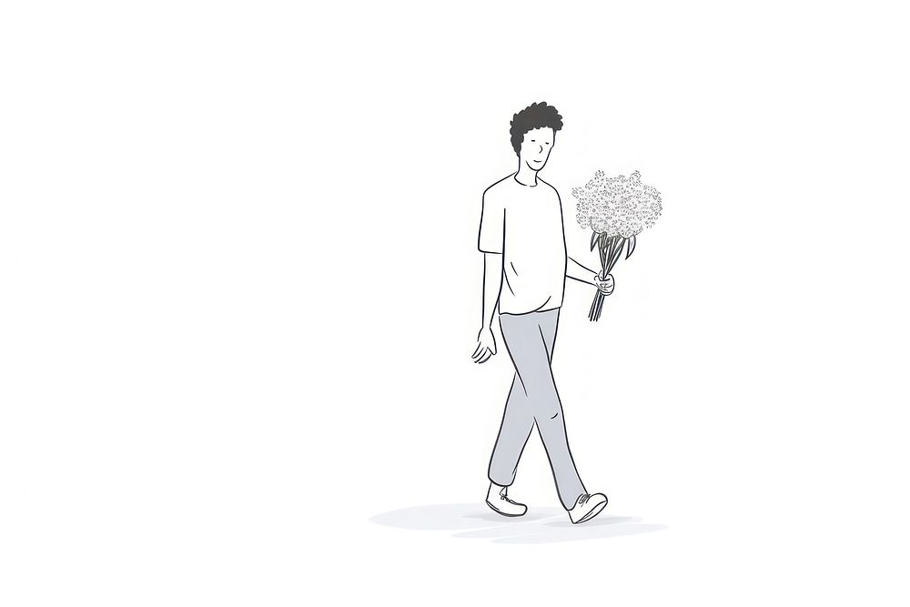 Hand-drawn illustration man holding flowers while walking drawing sketch white.