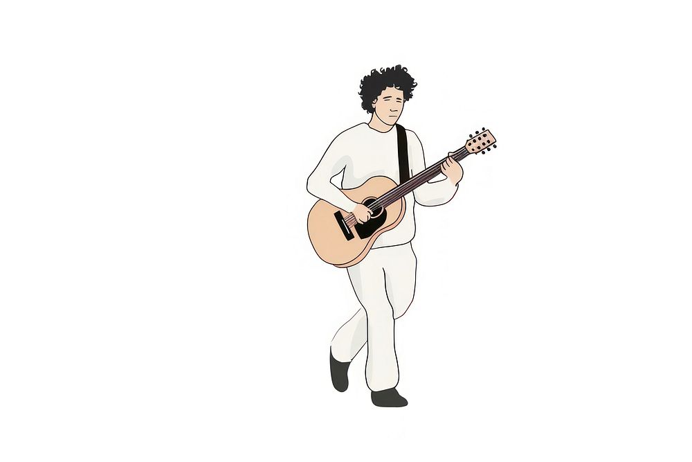 Hand-drawn illustration man playing guitar musician white performance.