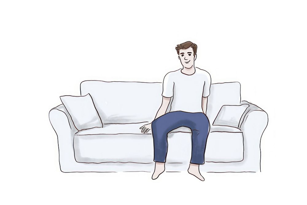 Hand-drawn illustration man sitting on sofa furniture drawing sketch.