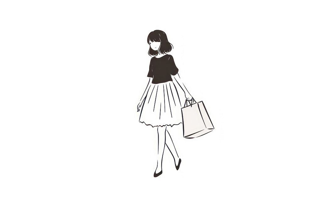 Hand-drawn illustration woman holding shopping bag handbag white line.