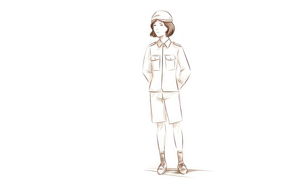 Hand-drawn illustration woman soldier drawing sketch white.