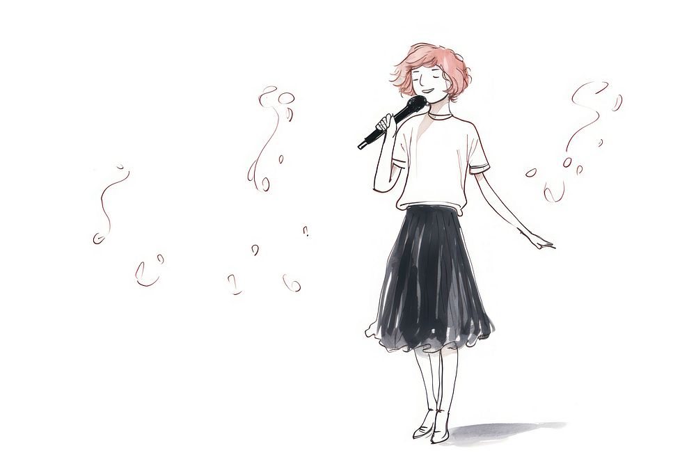 Hand-drawn illustration woman singing with microphone drawing sketch adult.