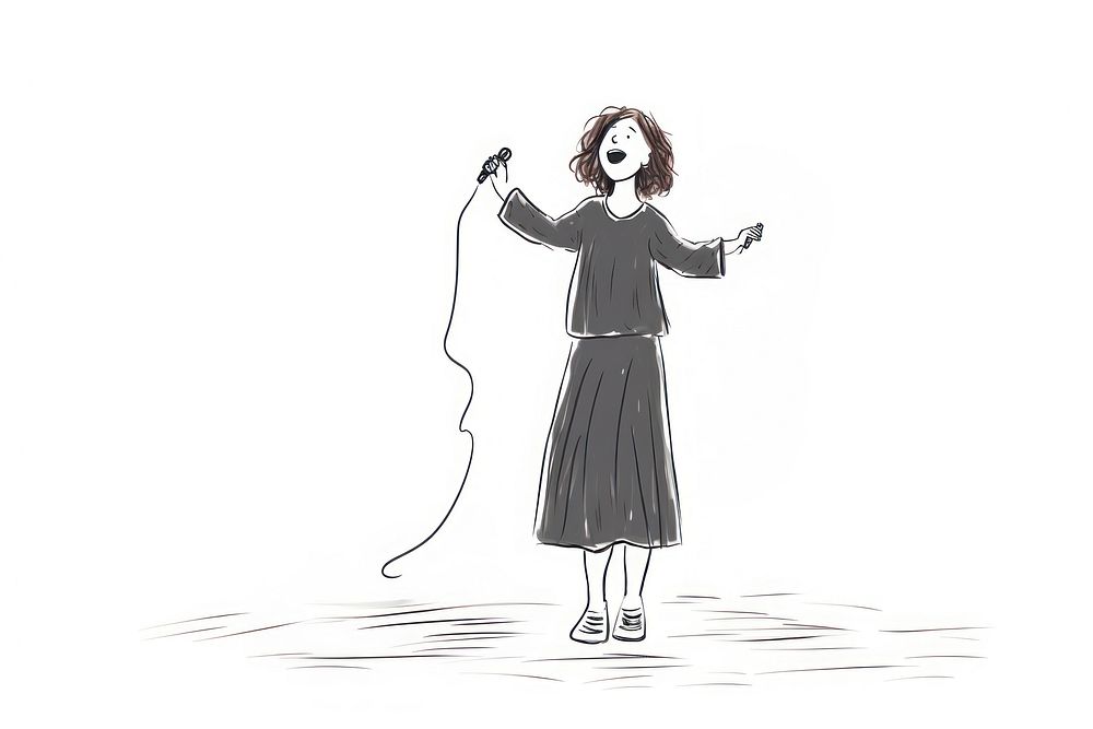 Hand-drawn illustration woman singing with microphone and holding flower drawing sketch line.