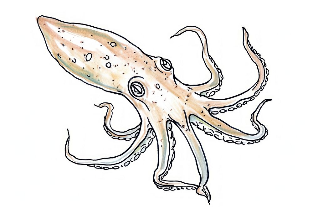 Hand-drawn sketch cute squid octopus seafood animal.