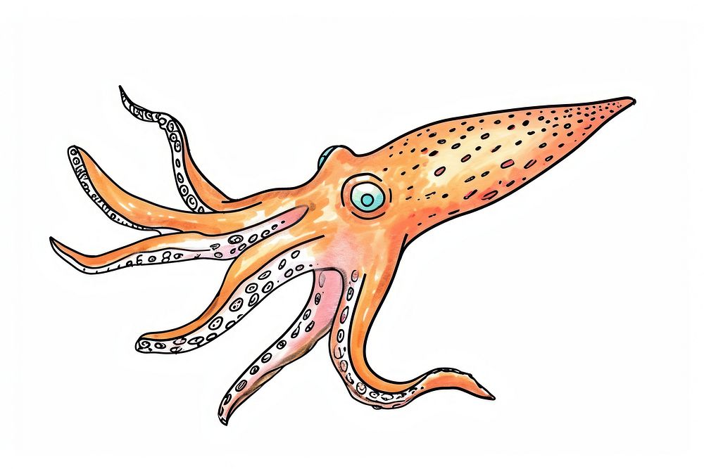 Hand-drawn sketch cute squid animal fish invertebrate.
