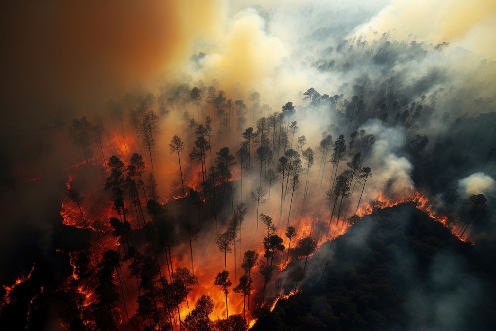 Fire forest destruction landscape wildfire. AI generated Image by rawpixel.