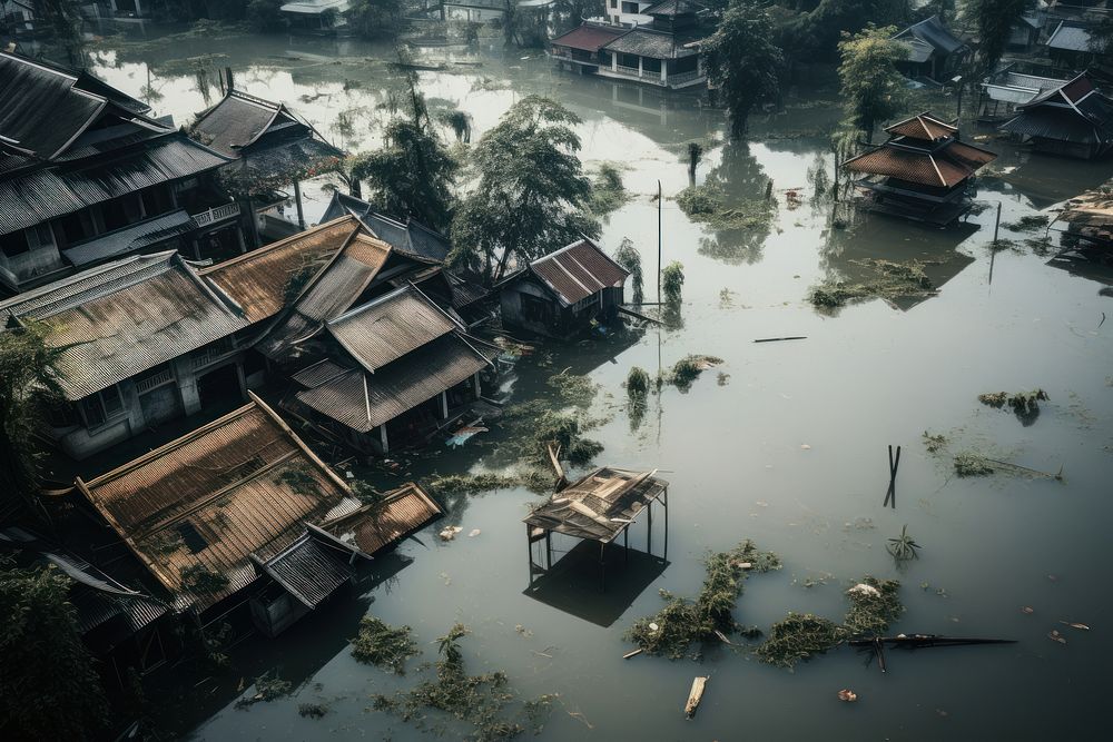 Submerged asian village flood architecture building. AI generated Image by rawpixel.