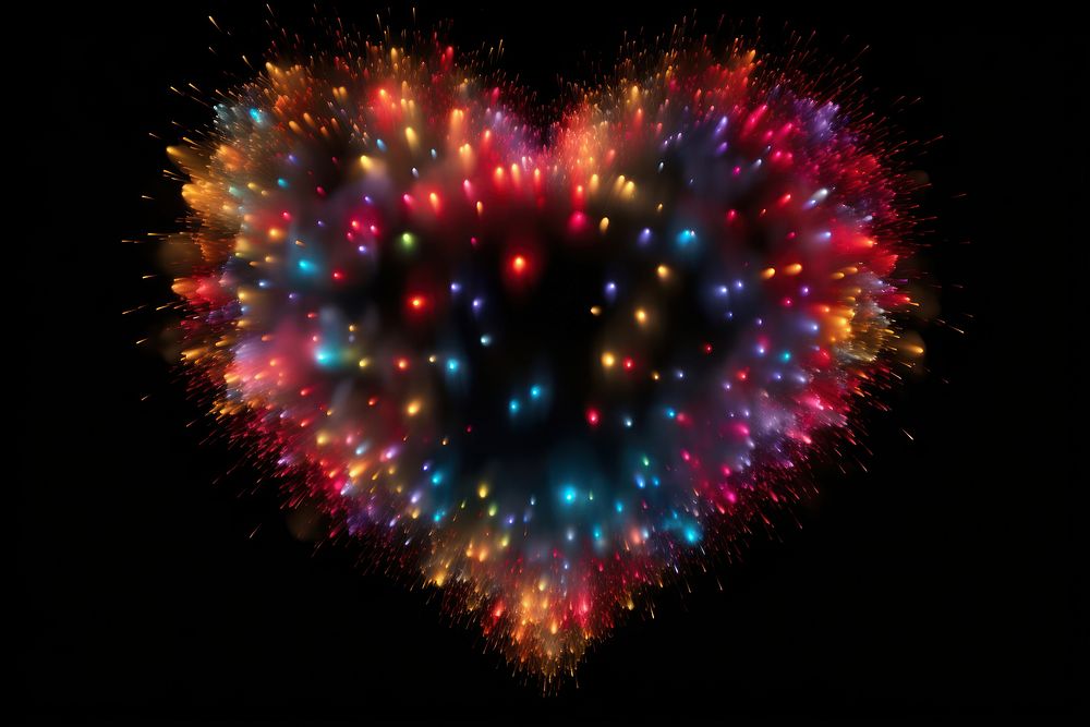 Colorful firework in heart shaped fireworks black background long exposure. AI generated Image by rawpixel.