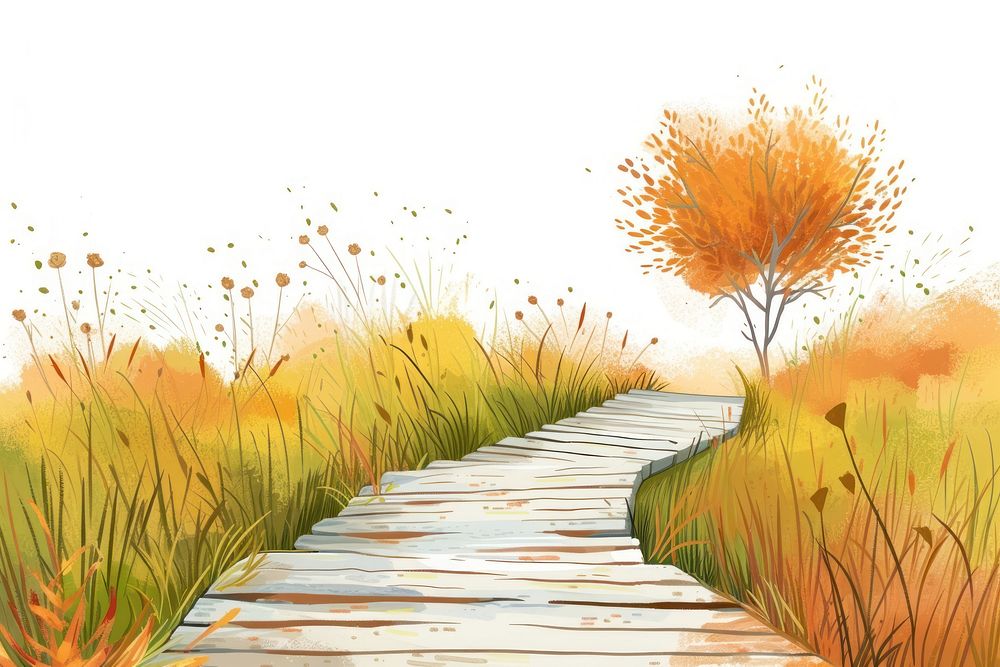 Meadow with boardwalk in at autumn landscape outdoors walkway.