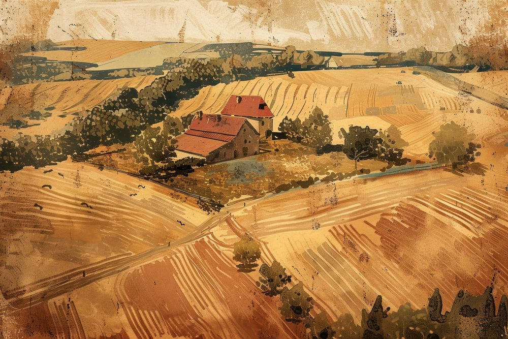 Medieval farm aerial view architecture agriculture landscape.