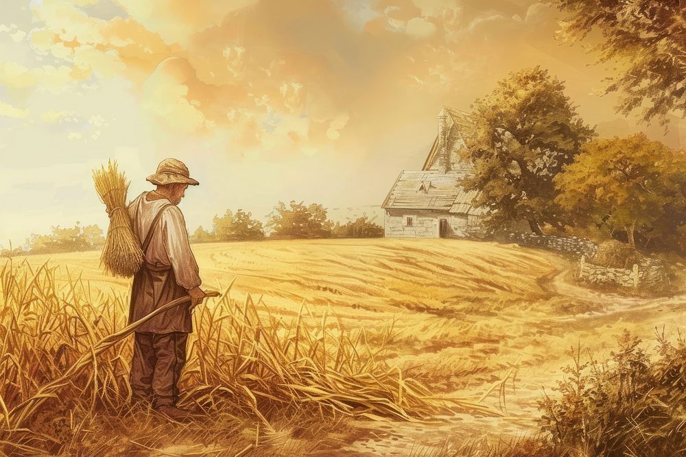 Medieval farmer on the farm agriculture outdoors painting.