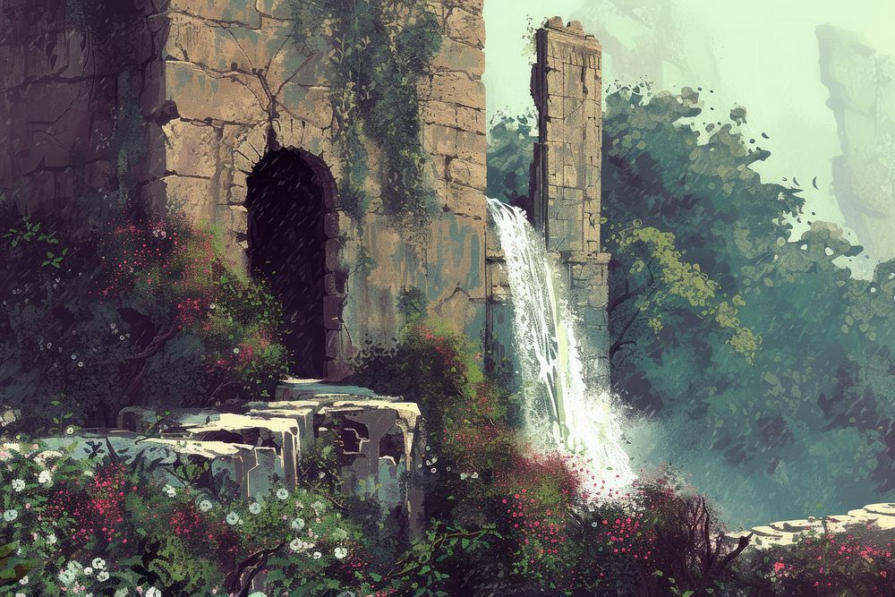 Waterfall painting architecture outdoors.