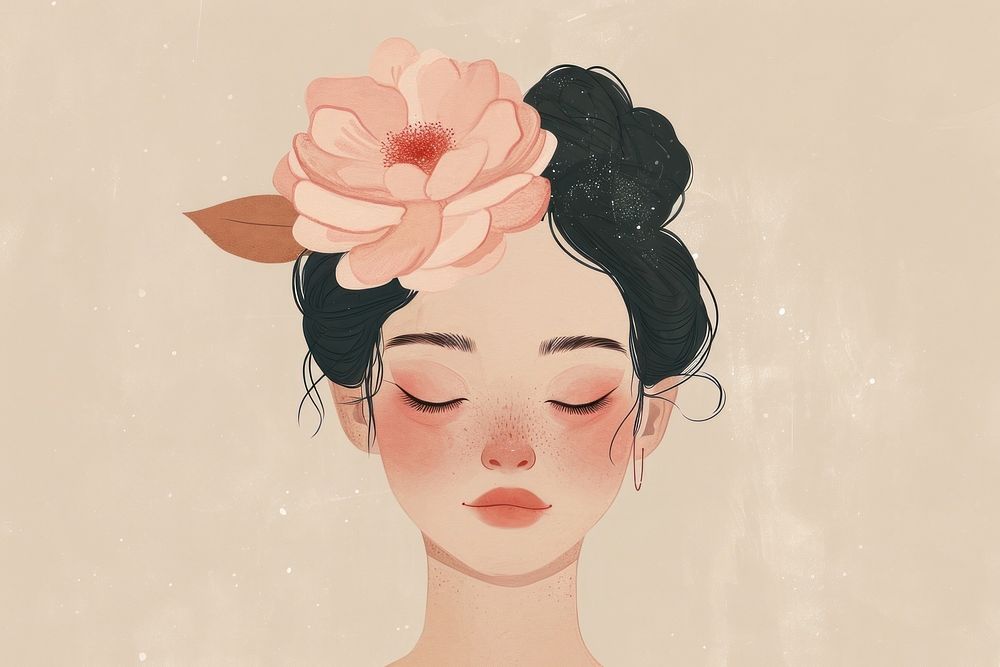 A calm woman with flower on her head art portrait cartoon. AI generated Image by rawpixel.