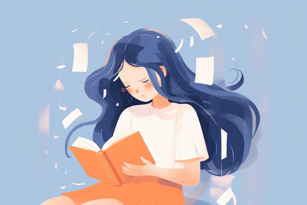 A girl crying while reading a book drawing cartoon sketch. AI generated Image by rawpixel.
