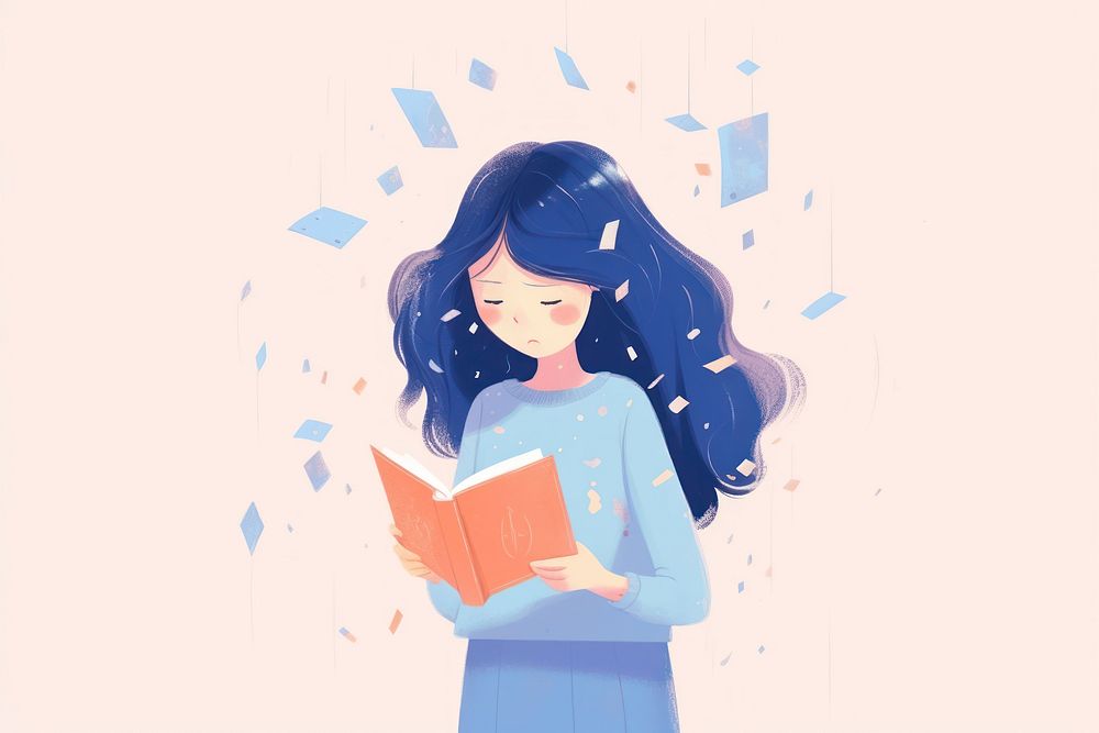 A girl crying while reading a book publication cartoon sketch. AI generated Image by rawpixel.