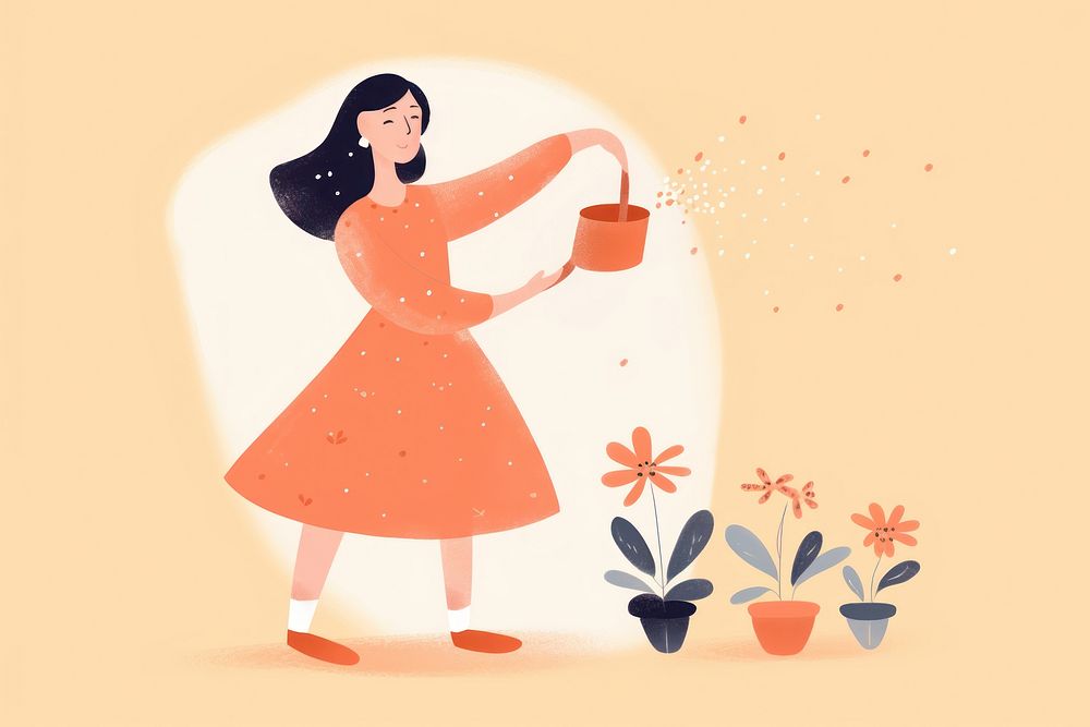 A happy woman watering a flower graphics cartoon adult. AI generated Image by rawpixel.
