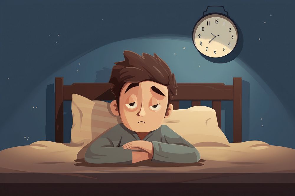 Sad man on bed with insomnia cartoon furniture hopelessness. AI generated Image by rawpixel.