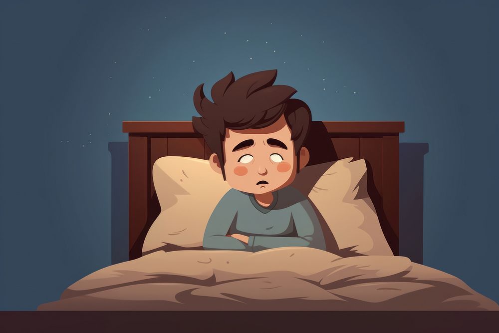 Sad man on bed with insomnia cartoon comfortable exhaustion. AI generated Image by rawpixel.