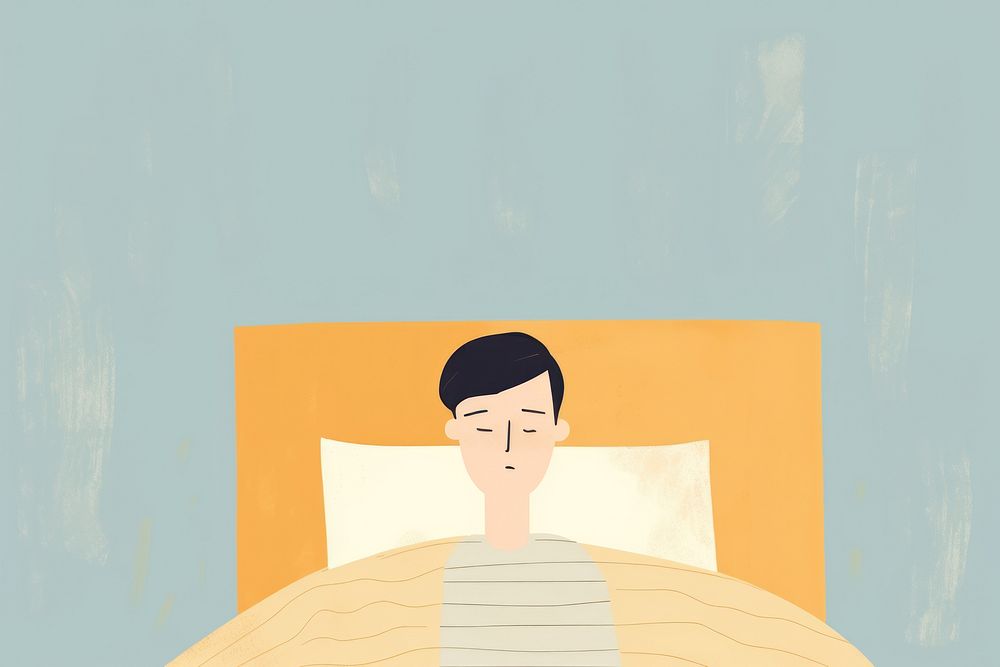 A sad man on bed with insomnia cartoon comfortable exhaustion. AI generated Image by rawpixel.