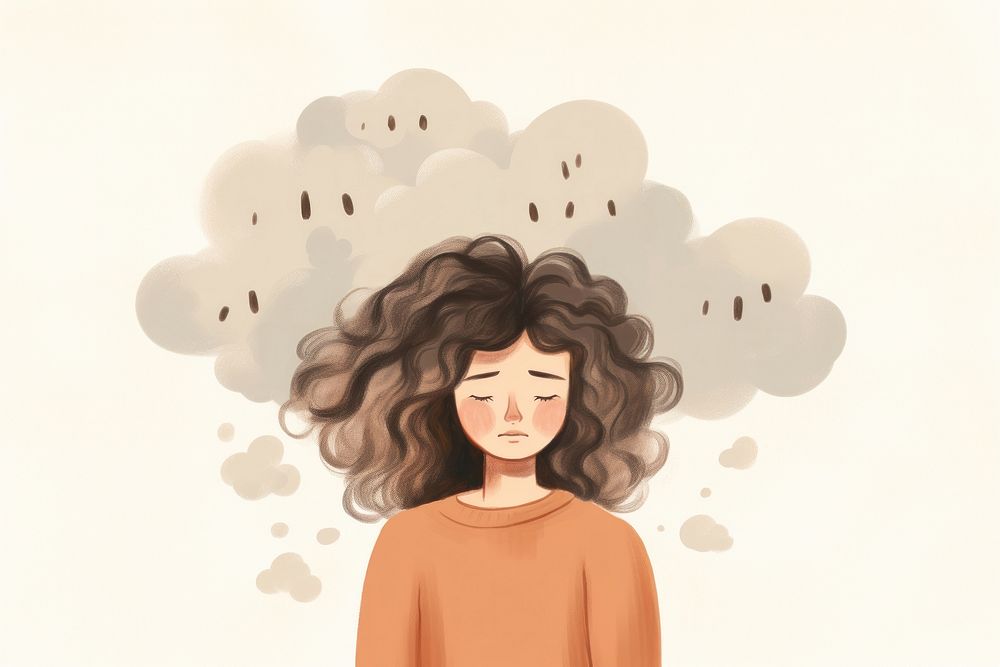 A sad woman with messy cloud over her head portrait cartoon drawing. AI generated Image by rawpixel.