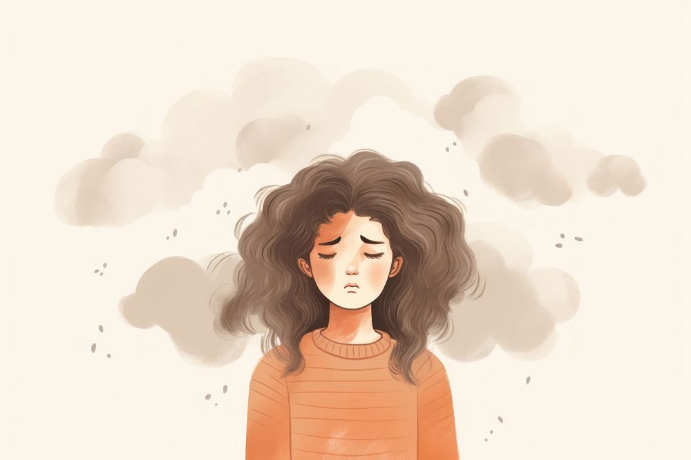 A sad woman with messy cloud over her head portrait cartoon drawing. AI generated Image by rawpixel.