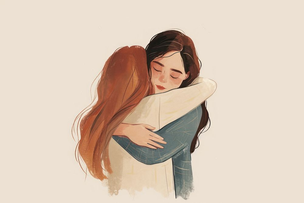 A woman hug her friend portrait hugging drawing. AI generated Image by rawpixel.