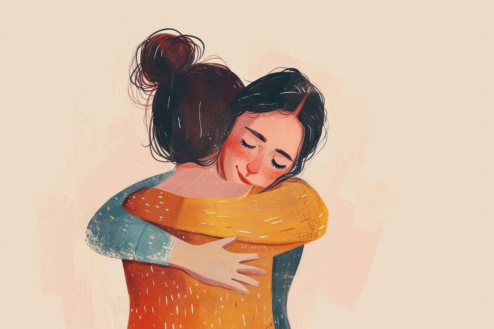 A woman hug her friend hugging cartoon adult. AI generated Image by rawpixel.