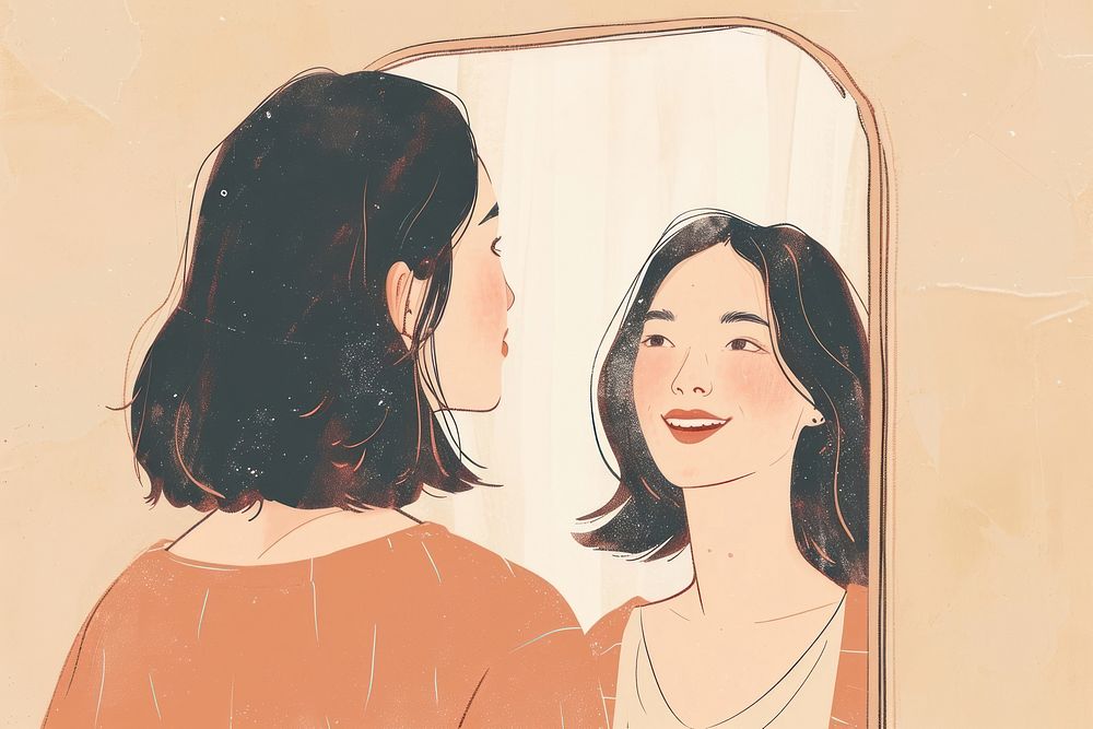 A woman smile to her self in the mirror cartoon sketch togetherness. AI generated Image by rawpixel.