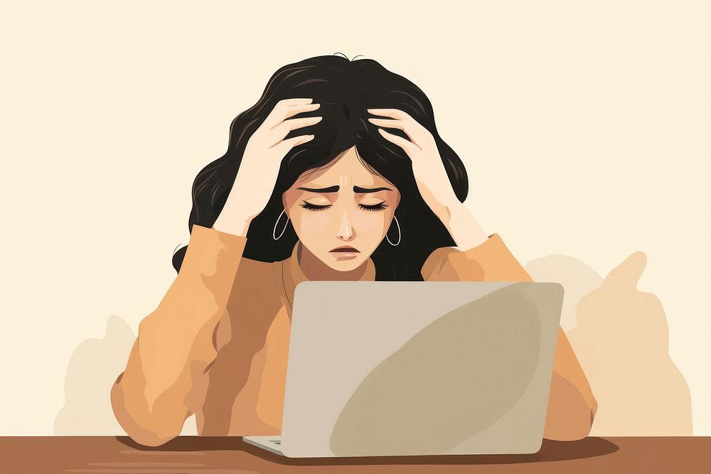 A woman stressed and headache with laptop computer portrait cartoon. AI generated Image by rawpixel.