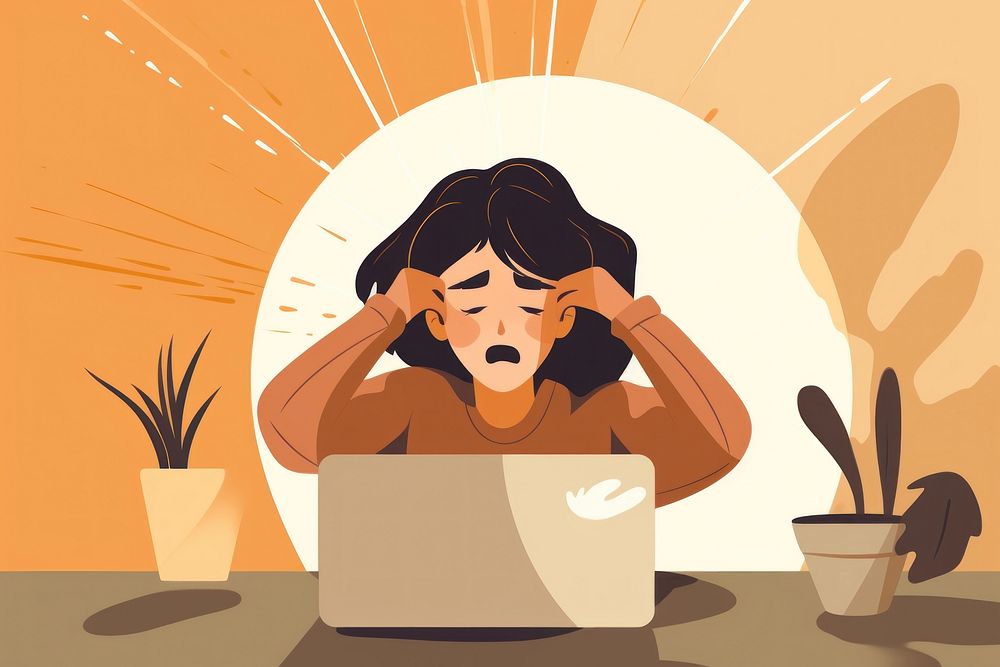 A woman stressed and headache with laptop computer cartoon disappointment. AI generated Image by rawpixel.