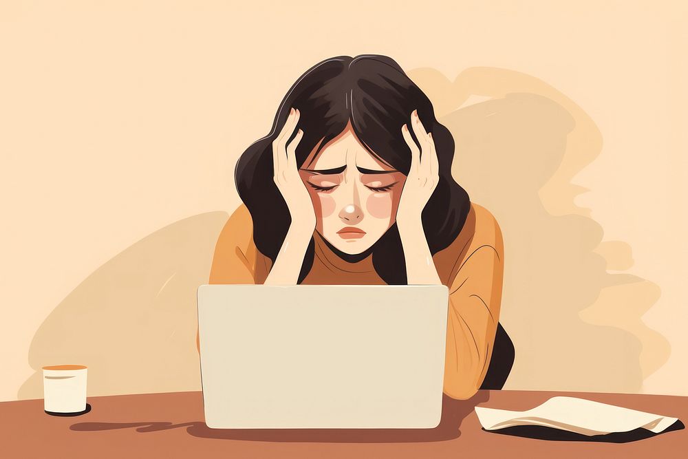 A woman stressed and headache with laptop computer portrait cartoon. AI generated Image by rawpixel.