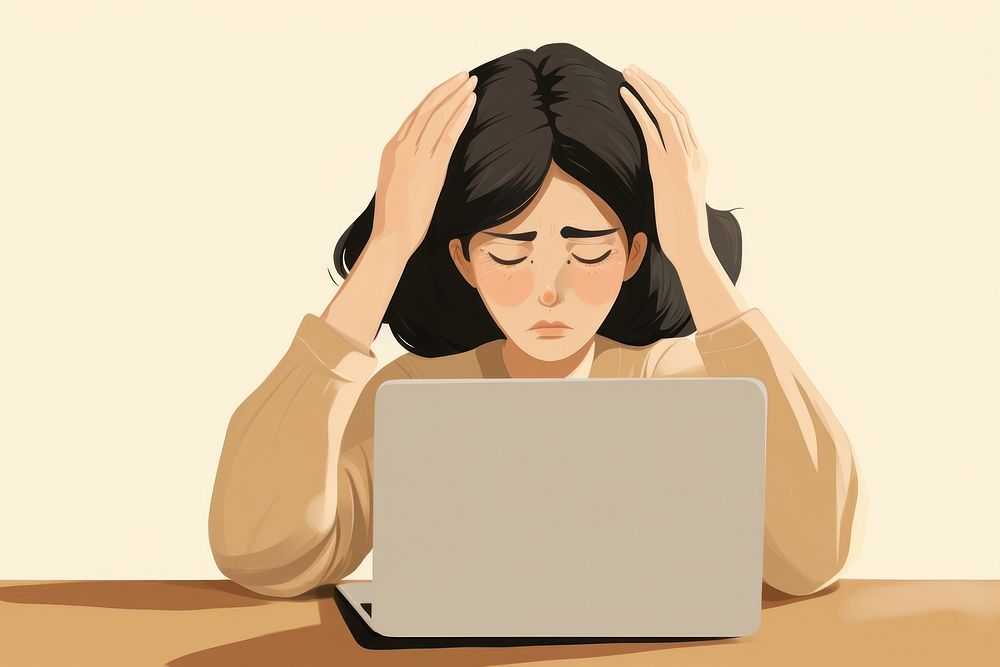 A woman stressed and headache with laptop computer portrait adult. AI generated Image by rawpixel.